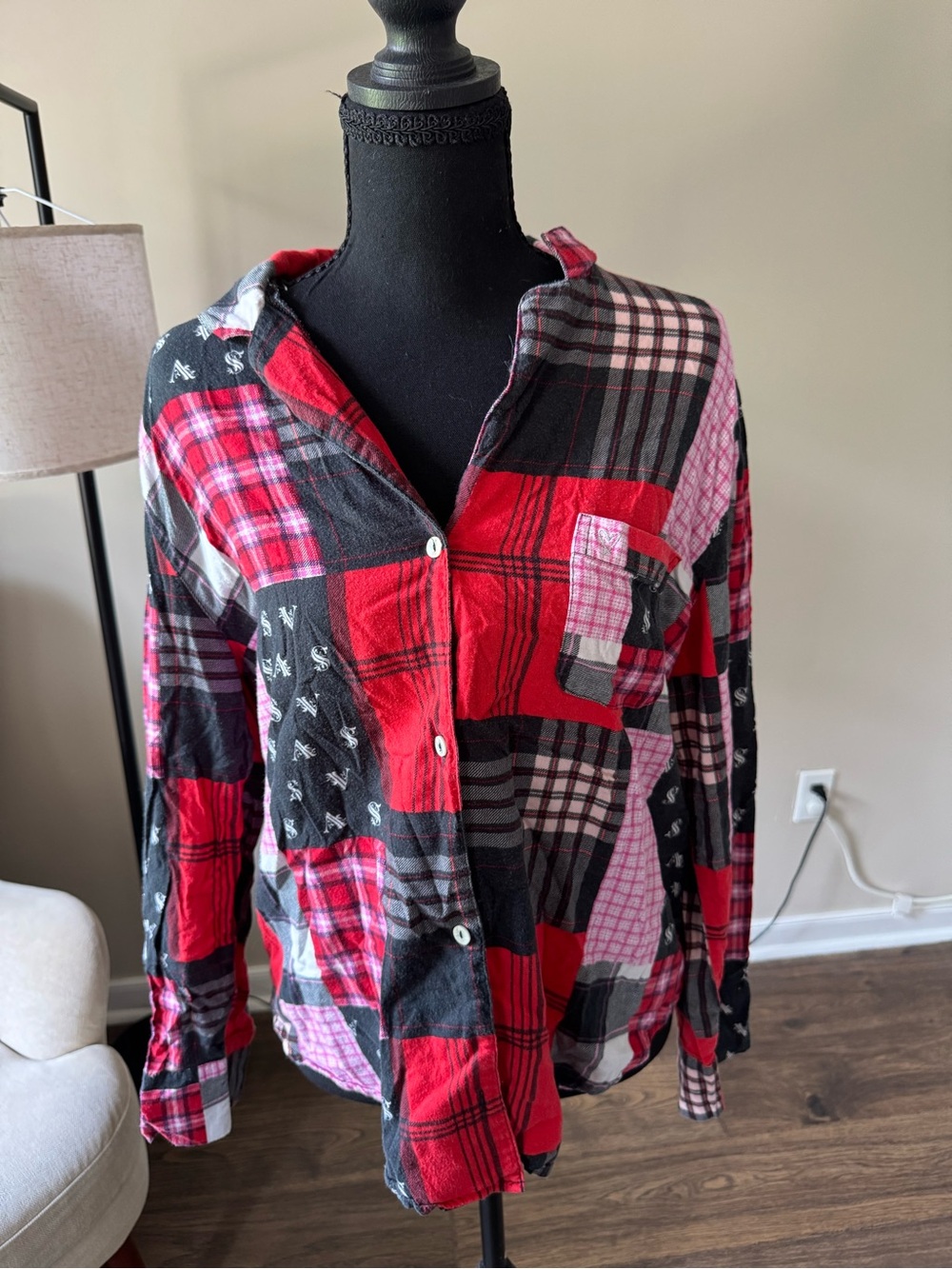 Victoria's Secret Red, Black & Pink Patchwork Plaid Button-Up Pajama Shirt